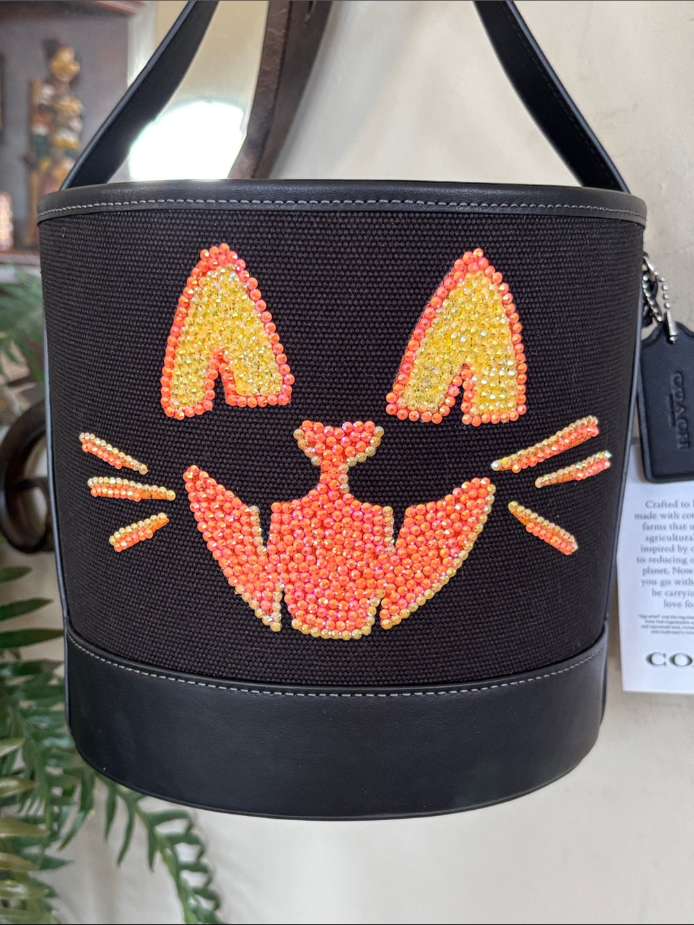 NWT Coach CUSTOM Trick Or Treat Bucket Halloween Cotton Leather Black Cat Tote - Picture 2 of 13